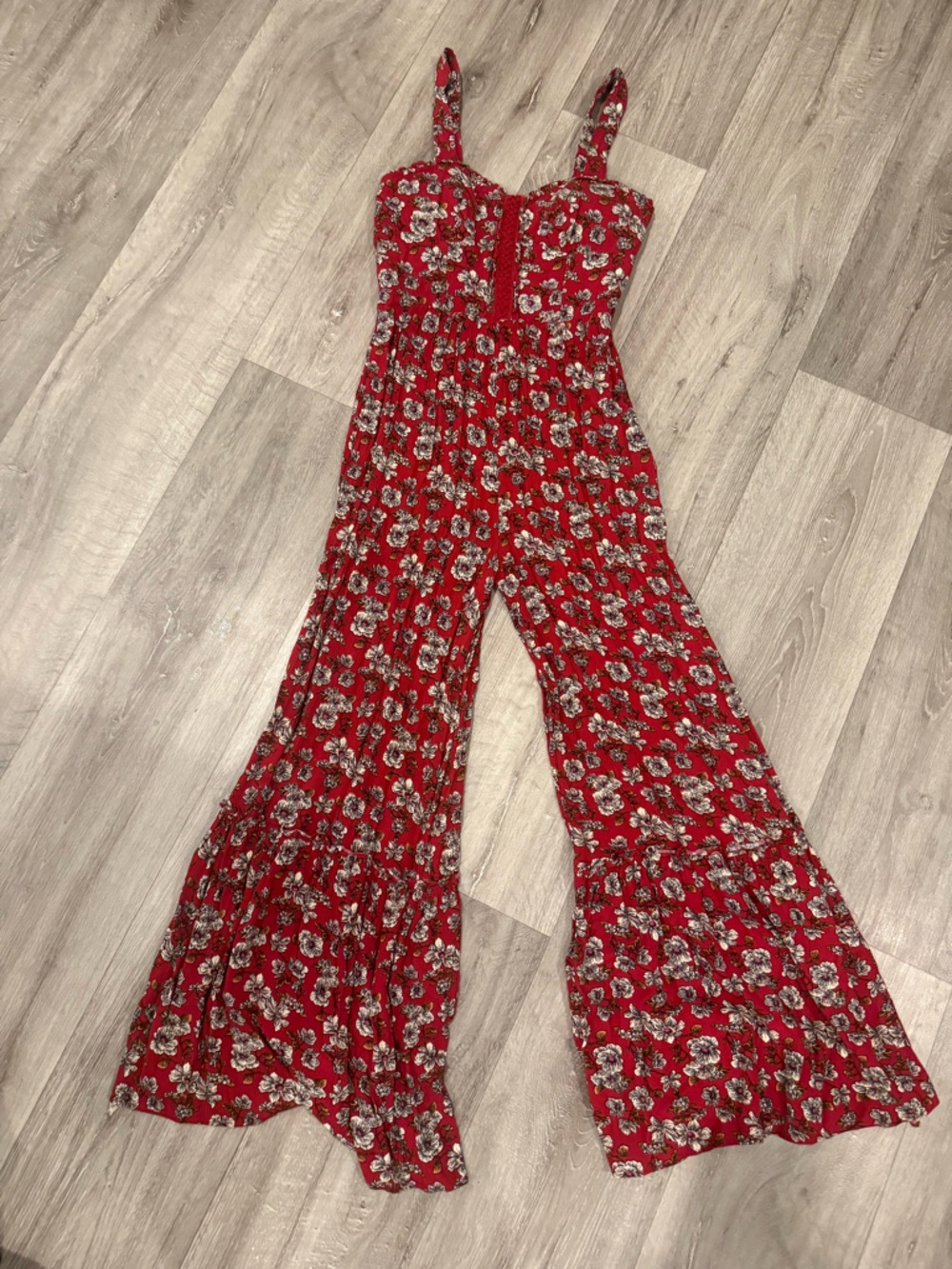 American Eagle red floral jumpsuit